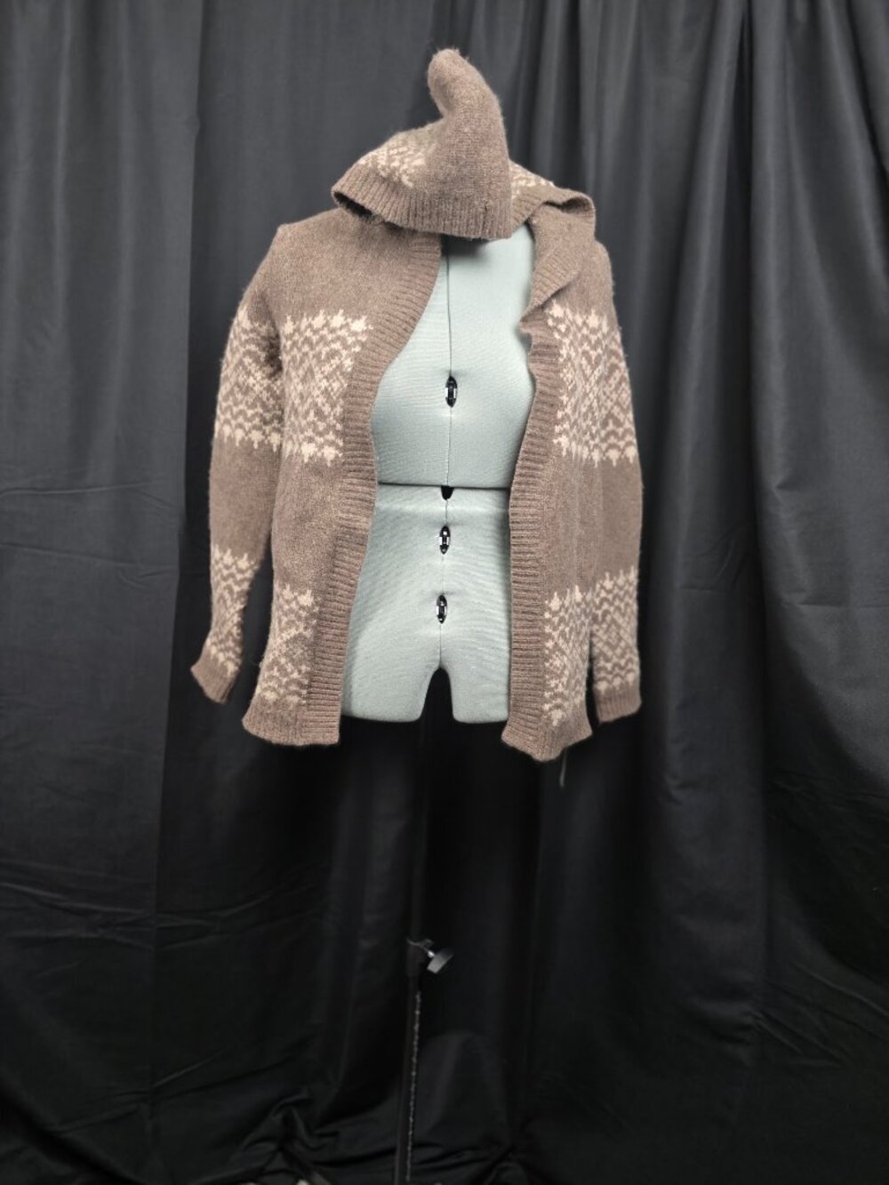 GAP Women's Open Style Wool Knit Hooded in Tan and Cream Long Cardigan Size M